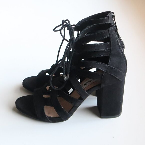 Steve Madden Black Suede Open Toe Lace Up Cut Out Block Heel Bootie Shoes Size 7 - Picture 7 of 14